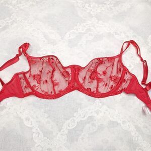 Victoria's Secret Red Lace Bra Mesh Sheer Floral Embroidered 34D Y2K Vintage